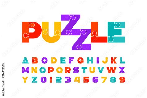 Puzzle font, colorful jigsaw puzzle alphabet letters and numbers Stock-Vektorgrafik | Adobe Stock