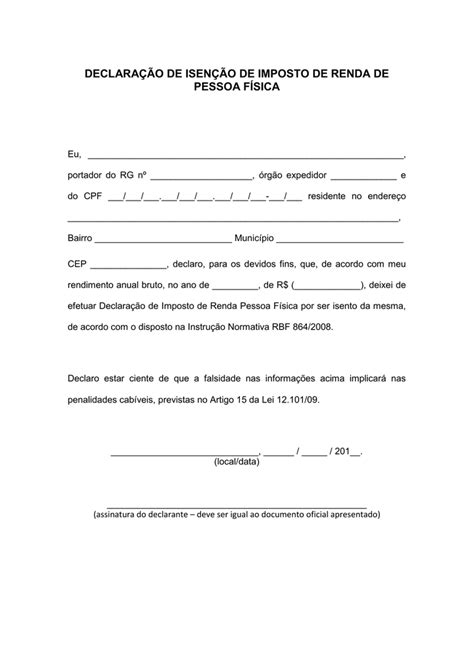 Declaração de Isenção de Imposto de Renda de Pessoa Física