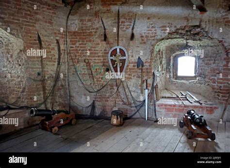 HALYCH, UKRAINE - AUGUST 21, 2022 - Samples of ancient weapons are displayed at Halych Castle ...