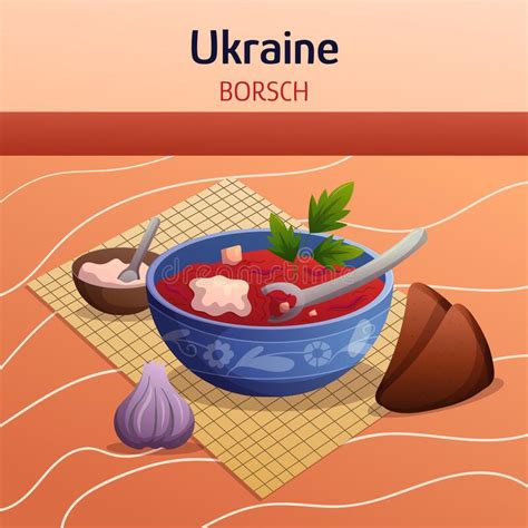 Ukrainian Ethnic Cuisine Composition with Borsch, Bowl of Sour Cream, Brown Rye Bread and Garlic ...