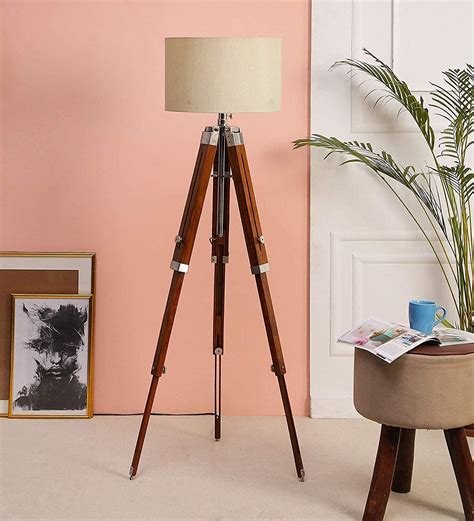 DK Tripod Floor Lamp for Living Rooms14 Inches Beige lamp Shade with 3 Fold Wooden Tripod Stand ...