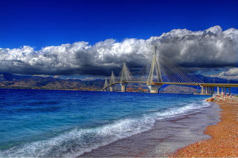 greece, Gulf, Of, Corinth, Cable stayed, Bridge, Rio, Antirio, Water, Coast, Color, Stones ...