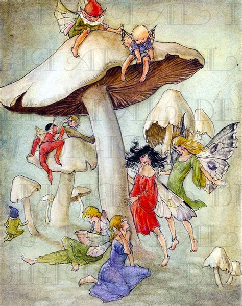 Fairies and ELVES Play on MUSHROOMS Vintage Fairy Illustration. Digital ...