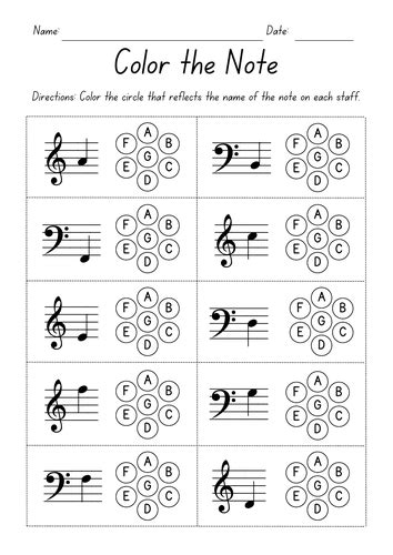 Color the Note - Bass and Treble Clef Worksheets | Teaching Resources