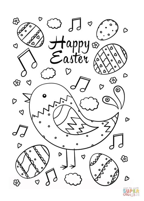 Happy Easter Doodle with Bird and Eggs coloring page | Free Printable Coloring Pages