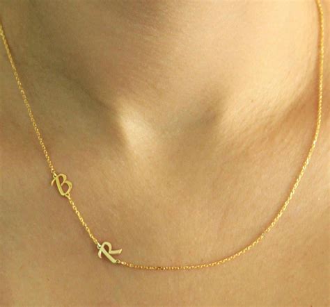 14K Solid Gold Two Initial Necklace, 14K Gold Sideways Necklace, Personalized Initial Neck ...