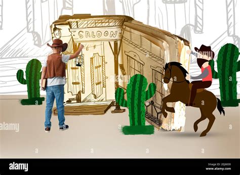 Little cowboy near drawn western saloon in America Stock Photo - Alamy