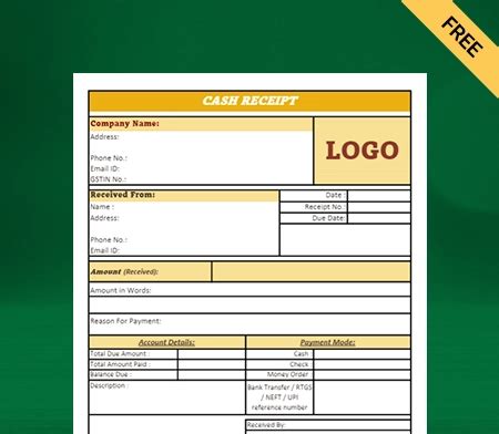 Cash Receipt Format in Excel Free Download