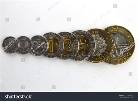 Set Of Common Mexican Peso Coins, Arranged By Value, Overlapping. Includes 10, 20 And 50 Cents ...