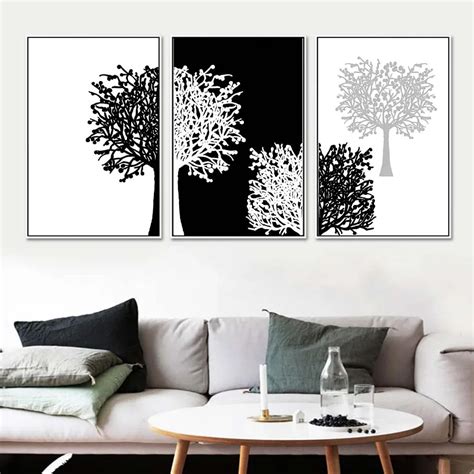 3 Piece Modern Minimalist Black White Panels Trees Canvas Painting Wall ...