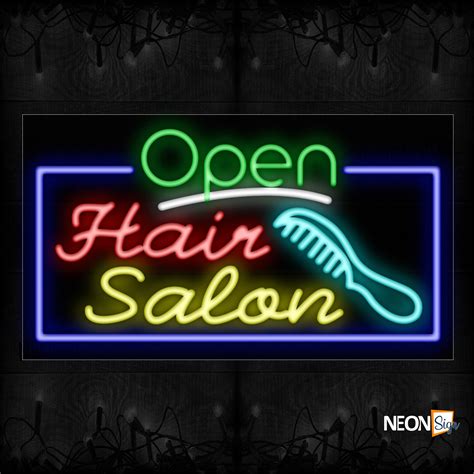 Open Hair Salon With Comb Logo And Blue Border Neon Sign - NeonSign.com