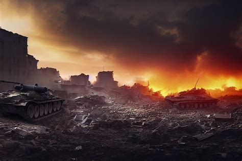 Premium Photo | Battlefield with broken tanks from World War II Destroyed equipment dust and ...