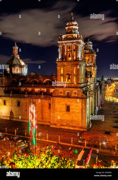 Metropolitan Cathedral and President's Palace in Zocalo, Center of Mexico City, at Night Stock ...