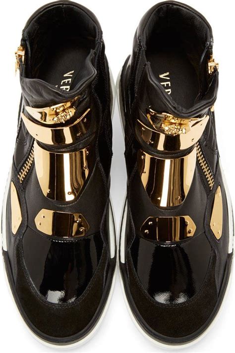 Versace - Black Leather Gold-Plated Sneakers | Black shoes heels, Boots ...