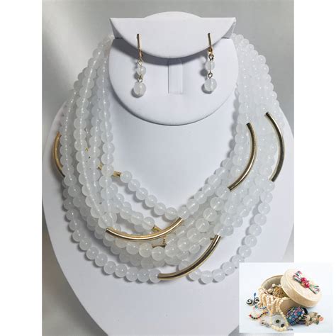 Clip on gold, white beaded multi strand & gold tubing necklace & earring set | 14k gold filled ...