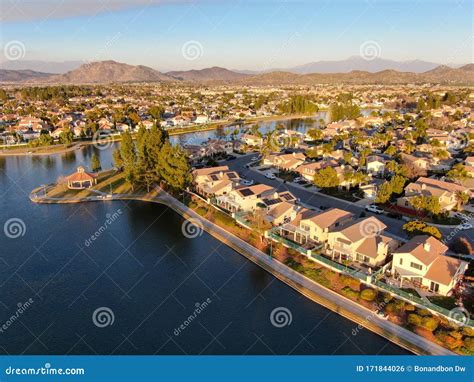 Aerial View of Menifee Lake and Neighborhood, Residential Subdivision Vila during Sunset. Stock ...