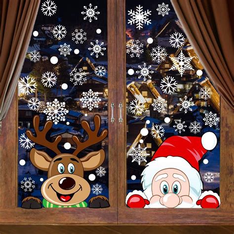 VEYLIN 6 Hojas 300 Piezas Navidad Ventana Adhesivos, Copo de Nieve Reno Santa Claus Ventana ...