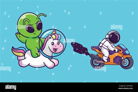 Cute astronaut riding motorcycle sport in space cartoon vector icon illustration. science ...