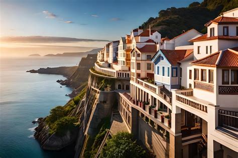 Premium Photo | A cliff edge with a view of the ocean and houses on the ...