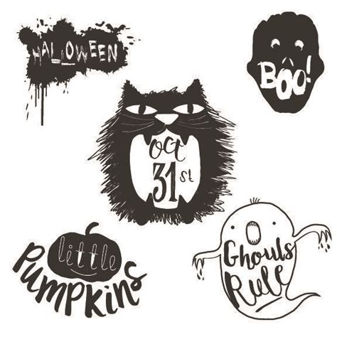 four different halloween stickers with black and white ink on them, one has a cat's head