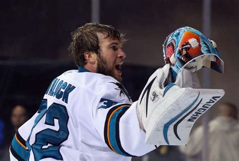 San Jose Sharks goaltender Alex Stalock argues with the officials that ...