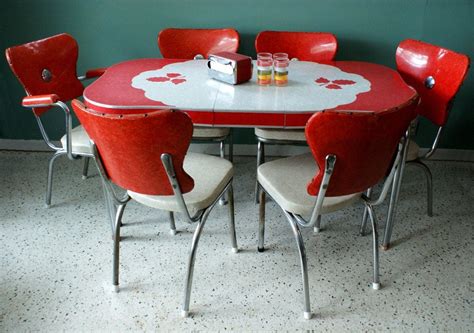 Vintage 1950s Red Kitchen Diner Table set with 6 chairs