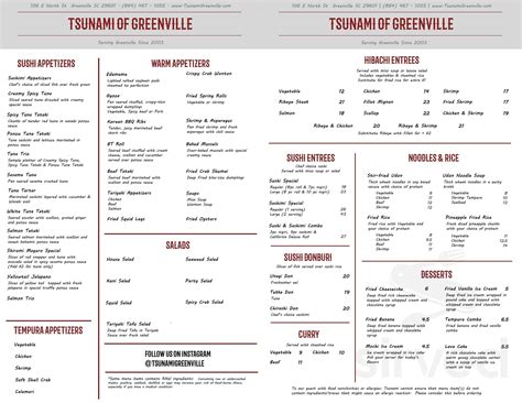 Tsunami restaurant menu in Greenville, South Carolina, USA