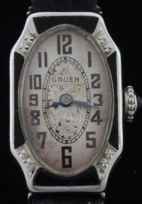 Gruen Ladies’ Watch in White Gold w Black Enamel - The Illinois Watch