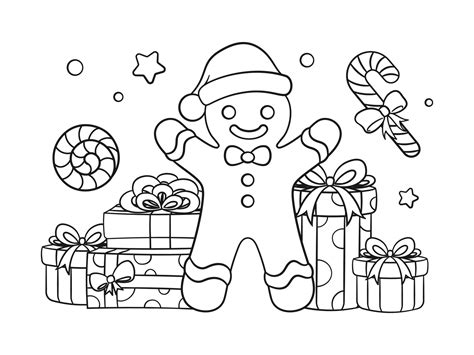 Gingerbread man with gift boxes and peppermint candy cane outline line ...