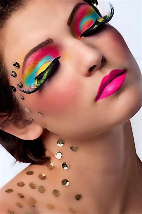 Makeup. Eye shadow. Lipstick. Pink. Yellow. Green. Blue. Sequence. Long lashes. | Party eye ...
