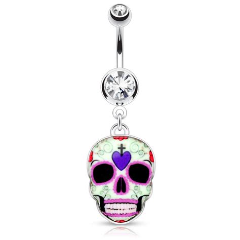 Purple Sugar Skull Surgical Steel Dangle Navel Belly Button Ring ...