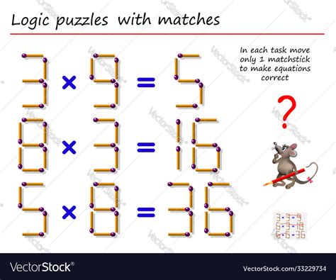 Logical puzzle game with matches in each task Vector Image