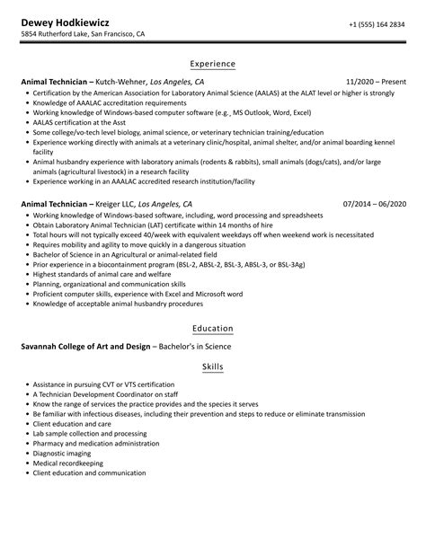 Animal Technician Resume Samples | Velvet Jobs