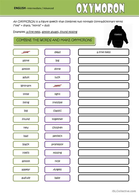 Oxymoron general grammar practice: English ESL worksheets pdf & doc