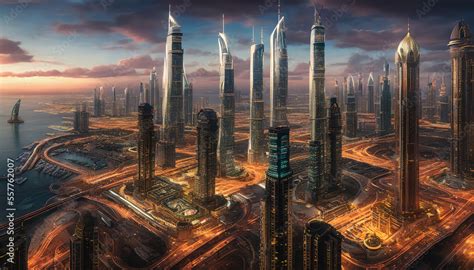 Futuristic cityscape set against a desert. The vibrant colors ...