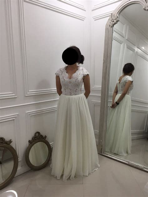 White minimalist gown wedding dress with lace bodice and on Carousell