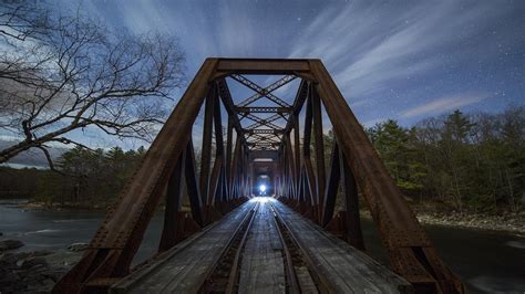 nature, Landscape, Bridge, Railway, Train, River, Stones, Trees, Forest, Night, Clouds, Stars ...