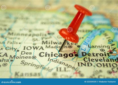 Location Chicago City in Illinois, Map with Red Push Pin Pointing Close-up, USA, United States ...