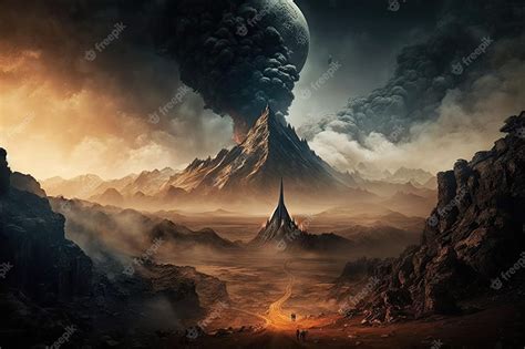 Premium AI Image | Mordor landscape with smoking volcano in the background