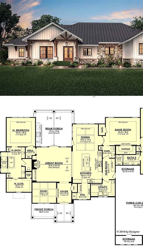 Ranch Style House Plan with 4 Bed, 4 Bath, 3 Car Garage | Ranch style house plans, Craftsman ...