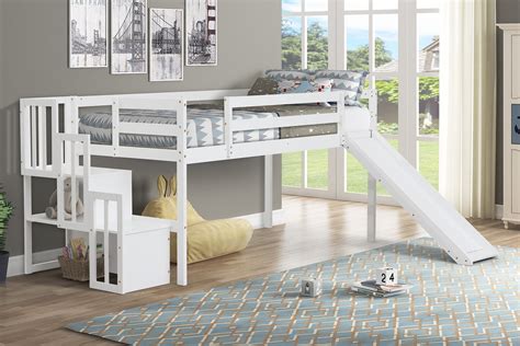 Veryke Wood Loft Bed with Slide and Storage Stairs, Twin Size, White ...