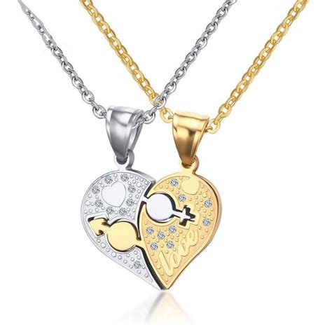 Engravable Cute Matching Heart Couples Necklaces In Titanium