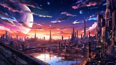 Premium AI Image | Anime city skyline with a full moon and a river generative ai