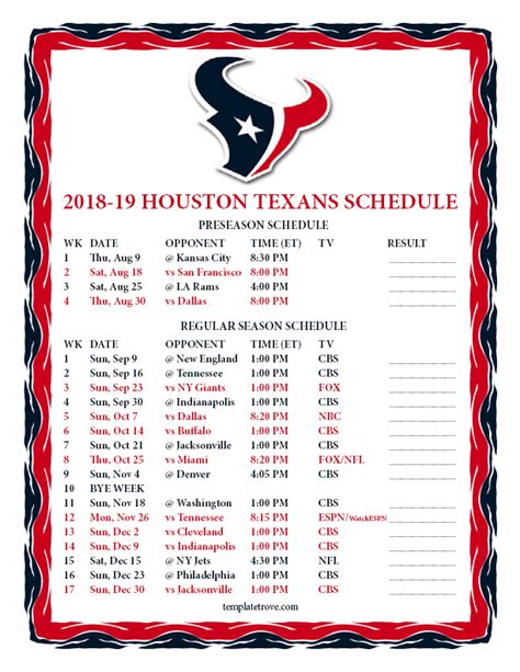 Printable 2018-2019 Houston Texans Schedule