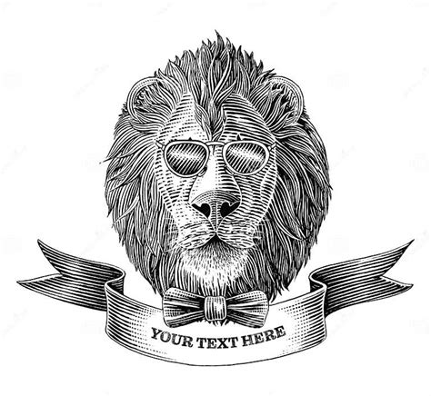 The Lion Head Logo with Banner Hand Draw Vintage Engraving Illustration Black and White Clip Art ...