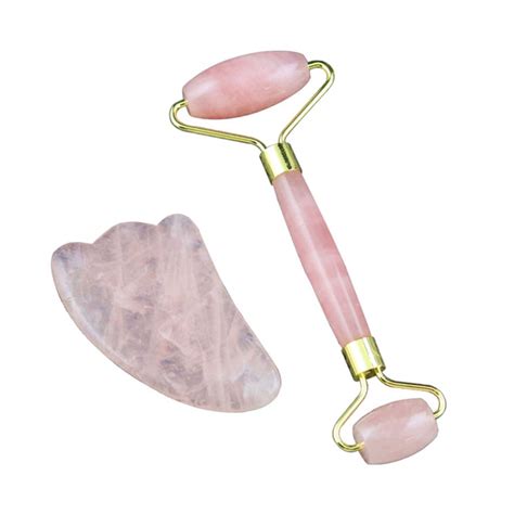 Rose Quartz Roller Set Face Massager Natural Facial Slimming Massage Roller Stone Gua Sha ...