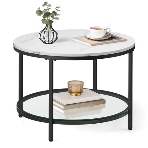 VASAGLE Round Coffee Table, Small Coffee Table with Faux Marble Top and ...