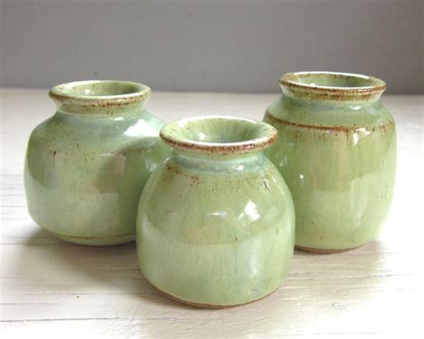 3 green vases ceramic pottery little rustic perfect for your