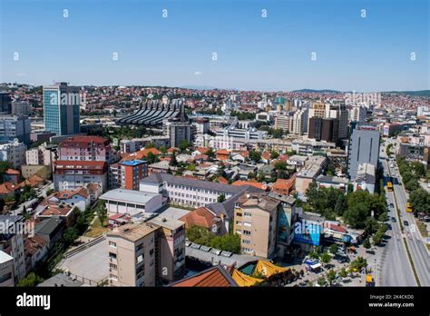 An elevated panoramic cityscape of Pristina, capital city of Kosovo ...