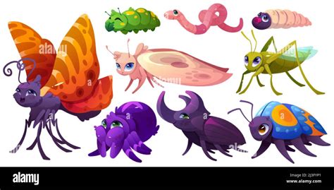 Cute insect characters, butterfly, caterpillar, spider, grasshopper ...